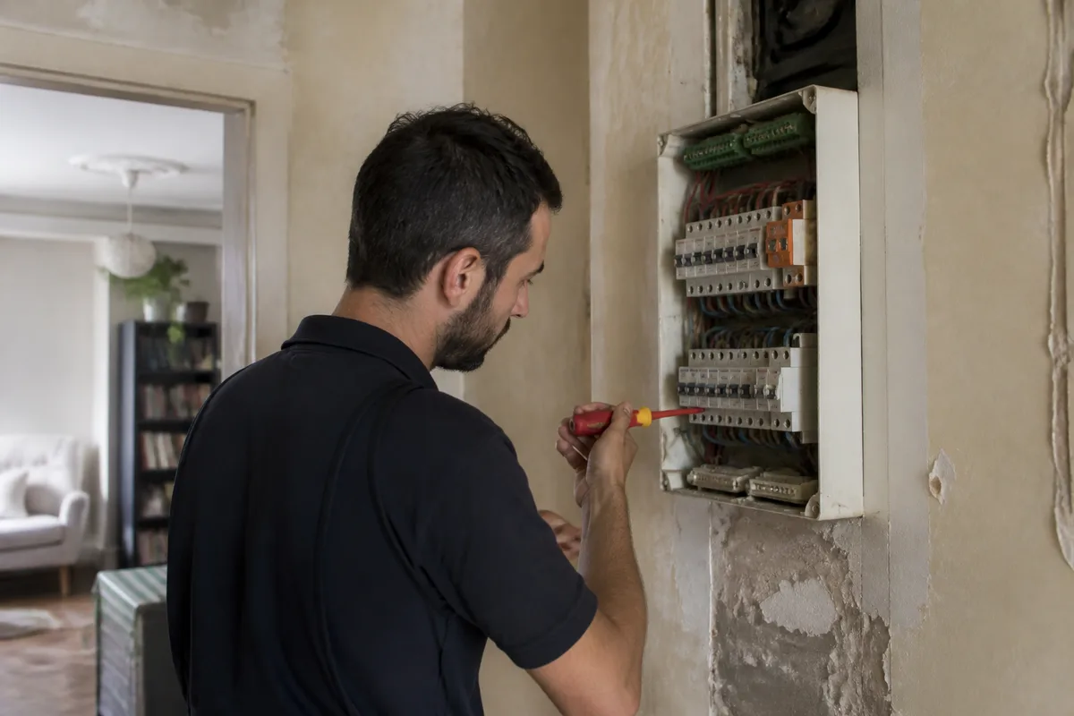 Électricien vérifiant le tableau électrique d’un logement ancien avant des travaux de rénovation
