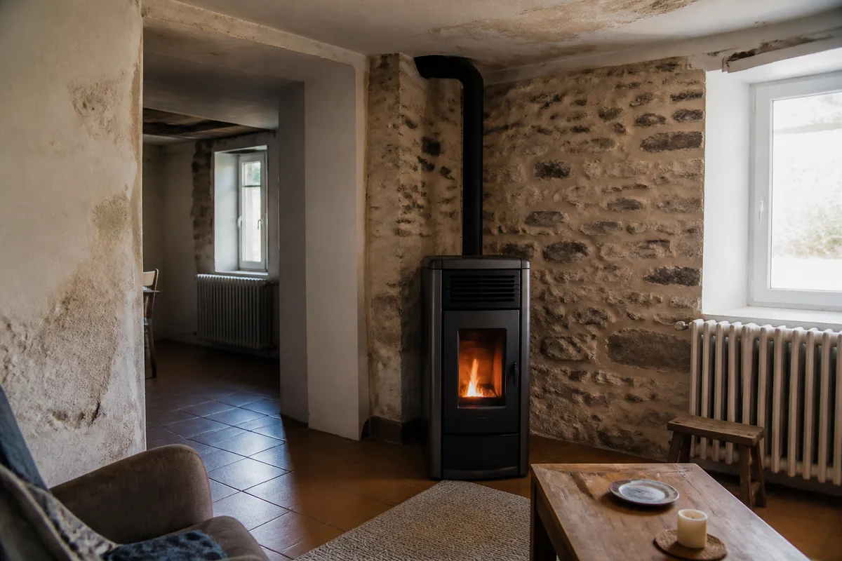 Poêle à granulés installé dans une maison ancienne mal isolée avec radiateurs et murs en pierre