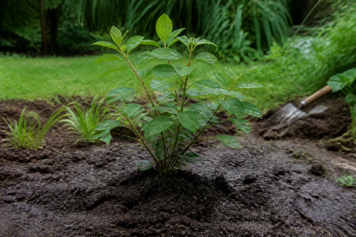 Plantation d’un arbuste sur une butte dans une terre humide et argileuse