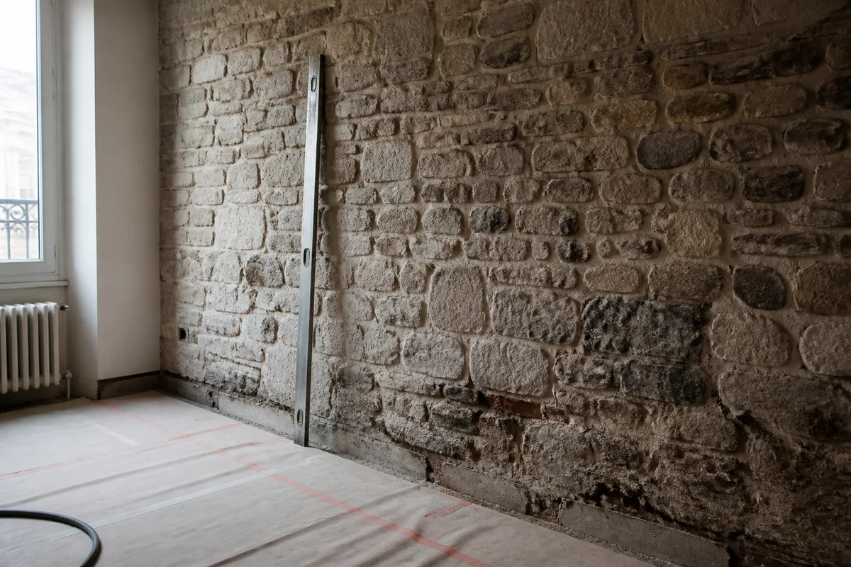 Mur intérieur préparé avant la pose d’un isolant avec contrôle du support et des raccords