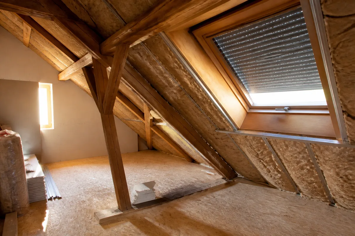Combles aménagés sous une toiture avec isolation entre les chevrons et fenêtre de toit protégée par un volet extérieur