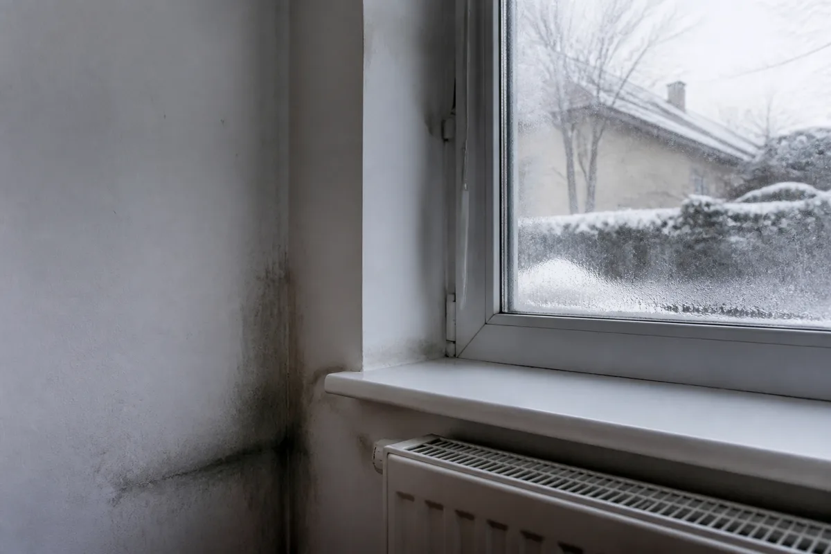 Condensation visible sur une fenêtre et angle de mur froid dans une maison mal isolée