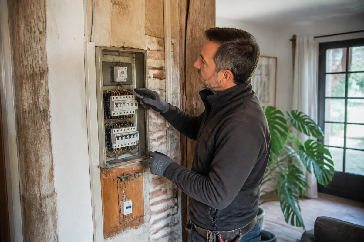 Électricien examinant le tableau électrique d’une maison ancienne avec ses équipements de protection